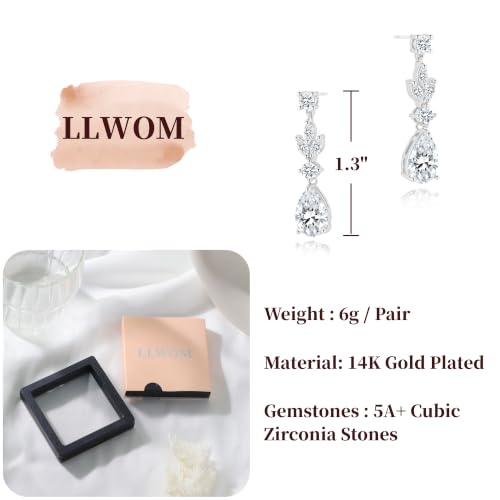 LLWOM 14K Gold/White Gold Plated CZ/Flower/North Star/Leaf Dangle Drop Earrings Studs for Women, Statement Earrings for Wedding Party Prom, Hypoallergenic Jewelry Gift - color: Silver Leaf Teardrop