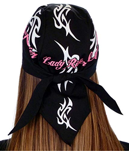 Sparkling EARTH - American Made Skull Caps Doo Rags Do Rag Durag Headwrap Head Wraps Skullies - Made in The USA! - color: Lady Rider on Black (Female Biker