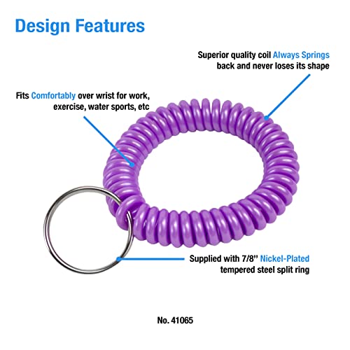 Lucky Line 2” Spiral Wrist Coil with Steel Key Ring, Flexible Wrist Band Key Chain Bracelet, Stretches to 12”, Purple 1 PK (410651) - color: Purple, size: 1 Pack