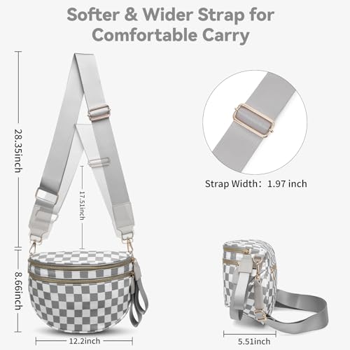 Checkered Crossbody Bag for Women Bum Bag Spacious Nylon Fanny Packs Cross Body Shoulder Purses Bag Handbags - color: Light Gray Checkered