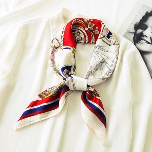CHUNG Women's Scarf Hair Bandanas Square 27.5" Satin Wrap Fashion Pattern Scarves Emulation Silk Handbag Ribbons Necktie - color: Red Sailboat