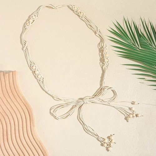 LIMHOO Women's Boho Braided Belt Adjustable Beaded Rope Waist Belts for Dresses - color: 519 White