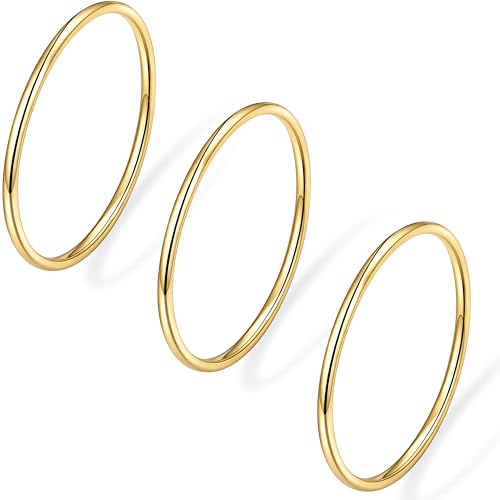 Gold Band Rings for Women Men Non Tarnish, Wedding 14K Gold Plated Stackable Ring Set for Couples, Dainty Thin Plain Simple Promise Dome Band Thumb Pinky 1mm 3mm 5mm Jewelry Gift Comfort Fit Size 3-13 - color: Gold-1mm 3PCS, size: 8