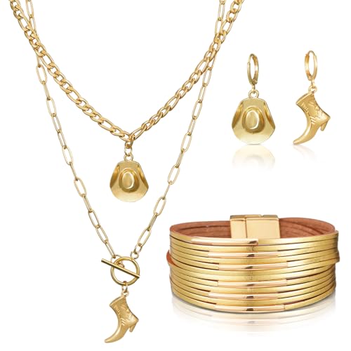 Inbagi 3 Pcs Boho Western Jewelry for Women Turquoise Jewelry Set Vintage Earrings Bracelet Western Bohemian Necklace for Women Cowboy Cowgirls - style: Gold