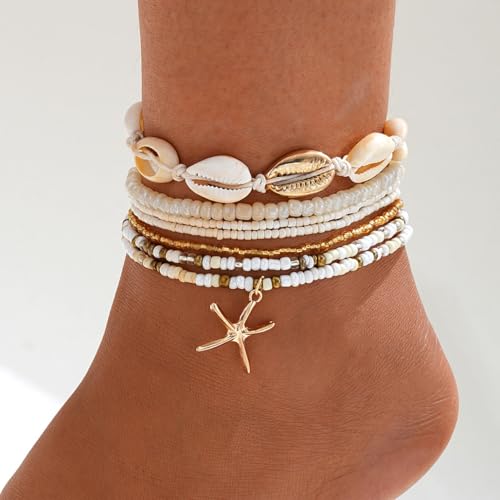 3PCS Boho Anklets for Women Summer Beach Women's Ankle Bracelets Beaded Anklet Bracelet Waterproof Beach Anklets Shell Starfish Anklet Foot Chain Jewelry for Women - color: Shell