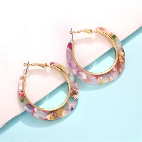 Boho Acrylic Hoop Earrings Bohemian Statement Colorful Acetate Lucite Tortoise Shell Resin Geometric Big Lightweight C Open Hoops Earrings for Women Prom Party Holiday Fashion Jewerly Gifts - color: Gold colorful