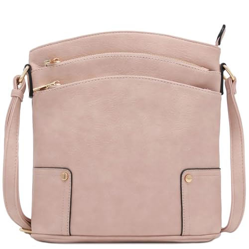 ALYSSA Triple Zip Pocket Large Crossbody Bag - color: Pale Rose