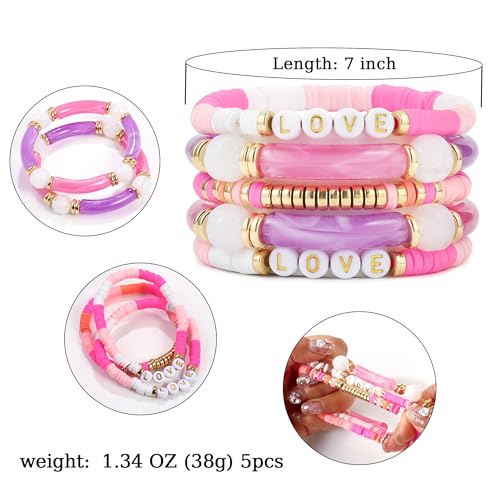 Elegance 11 designs colorful bracelets for women Surfer Thick Tube Heishi Summer Beach Beaded Stackable Boho Stretch Bracelets - color: Bright Red
