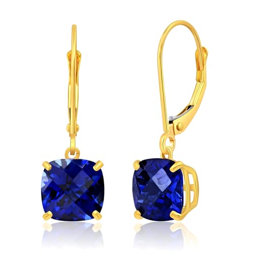 14k White or Yellow Gold Cushion Cut Gemstone Dangle Earrings for Women with 8mm Birthstones by MAX + STONE - color: Created-Blue-Sapphire