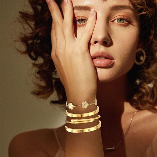 Womens Stackable Floral Gold Bracelets - 4Pcs 18K Gold Plated Bracelet,Stainless Steel Bangle Bracelets Non Tarnish, Gold Bracelet Set Trendy Jewelry,Christmas Valentines Birthday Gifts for Girlfriend - color: Bracelets Stack 4Sets (Floral Gold Bracelets,