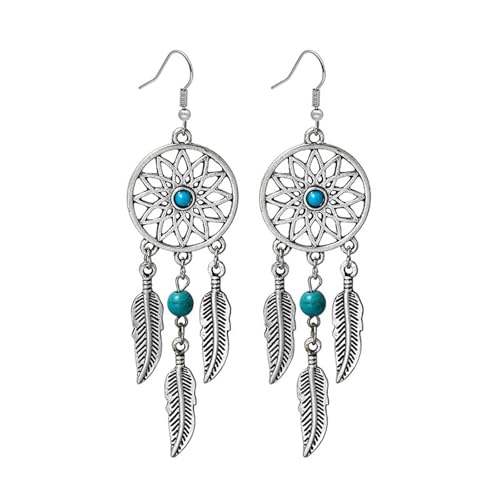 Boho Turquoise Drop Earrings Retro Long Copper Feather Tasse Metal Leaf Dangle Earrings Vintage Country Western Jewelry Cowgirl Ethnic Style Geometric Concert Festival Accessories for Women - color: Turquoise Silver Feather