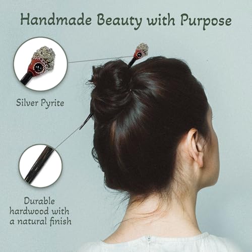 Mia Jewel Shop - Natural Tumbled Healing Gemstone Crystal Chonta Wooden Hair Sticks – Handmade Hair Sticks for Women | Hair Pins Boho Reiki Accessories, Fashion Gifts (Silver Pyrite) - color: Silver Pyrite