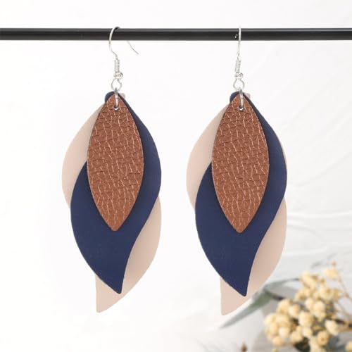 ANXIN boho unique Leather Earrings 2 Layered Lightweight Faux Leather Leaf Earrings Layered Design Drop Earrings Gift for Women - color: Style B