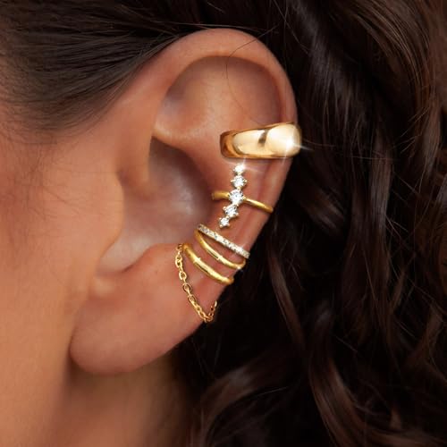 Fake Earrings for Women Non Piercing Ear Cuff Earring Dainty 14K Gold Plated Cuff Earrings Set Cubic Zirconia Ears Jewelry on Cartilage - style: 4A