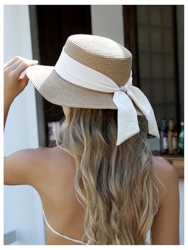 GORGLITTER Women's Rhinestone Bow Tie Straw Beach Hat UPF 50+ UV Protection Boho Vacation Wide Brim Western Elegant Sun Hats