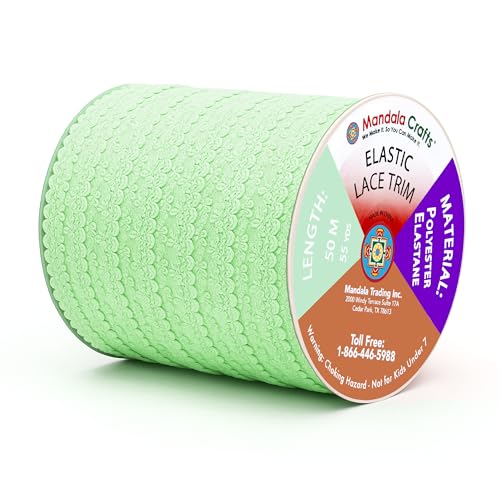 Mandala Crafts Mint Green Stretch Lace Soft Elastic Trim Roll - 55 Yards 1 Inch Wide Stretchy Frilly Picot Ribbon for Sewing Lingerie, Headbands, Underwear, and Crafts - color: Mint Green