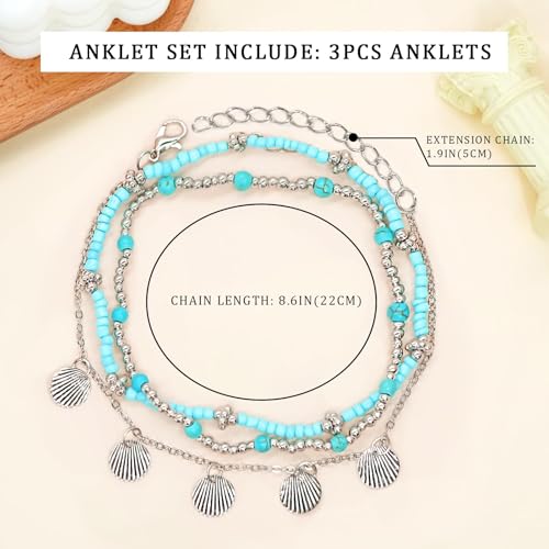 Stack Anklets Ankle Bracelets for Women Adjustable Waterproof Beach Jewelry Set Boho Gold Seashell Bead Surf Foot Chain Summer Gifts - color: 3pcs-Blue