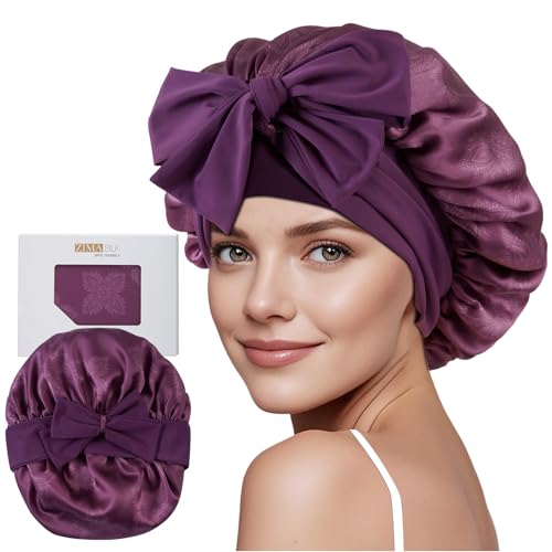 ZIMASILK 100% Mulberry Silk Bonnet for Sleeping Women Long Hair Double Layer Silk Hair Wrap with Tie Band Stay On Head (1Pc, Dark Mauve) - color: Dark Mauve-clover Crest