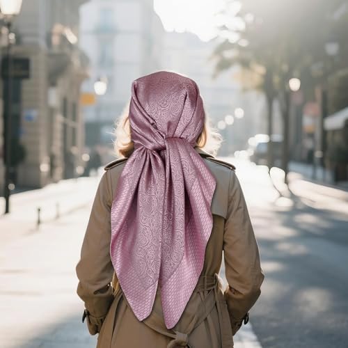 35” Satin Large Square Head Scarves-Like Silk Satin Scarf for Hair Wrapping at Night Bandana Square Scarf for Sleeping - color: Jacquard-purple