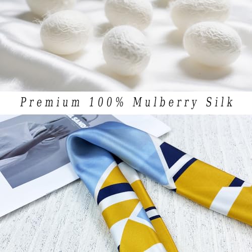 Women's Small 21 inch 100% Silk Scarf Bandana for Head Neck Hair | 100% Mulberry Silk Lightweight Designs Gift-Ready Packaging For Hair Fashion 21"x21" Printed - color: 107yellow Blue White