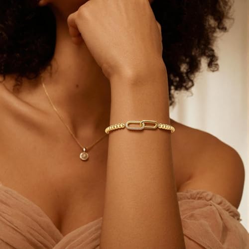 Elastic Beaded Charm Bracelets for Women - Adjustable Stackable Dainty Bracelet with Gold or Silver Charms, Jewelry Gift for Her - style: Gold-Paperclip