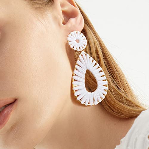 Raffia Teardrop Dangle Earrings Handmad Statement Drop Earrings - color: White