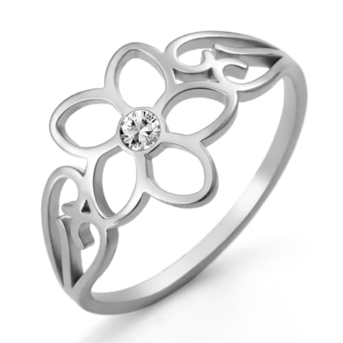 TEAMER Bohemian Hollow Flower Ring Stainless Steel Rhinestone Flower Ring Wedding Band Ring Exquisite Jewelry for Women - color: Silver - Flower With Rhinestone