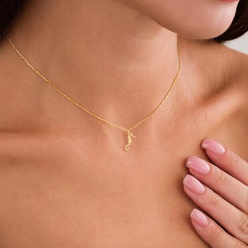 VRIUA Gold Necklace for Women - 14K Gold Plated Dainty Italian Horn Star of David Butterfly Bow Sun Lotus Volleyball Baseball Cowboy Boots Necklace Jewelry Everyday for Women - style: Seahorse
