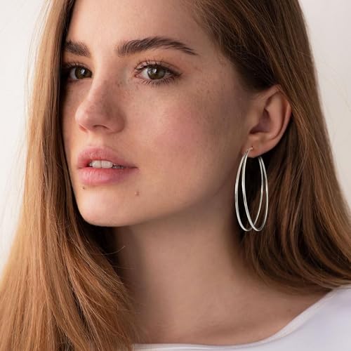 OOOPEL Large Thin Double Hoop Earrings for Women Lightweight Hypoallergenic 925 Sterling Silver Post 14K Gold Hoops Non Tarnish Sturdy Big Thin Double Layered Hoop Earrings 30/40/50/60mm - color: Silver, size: 60mm