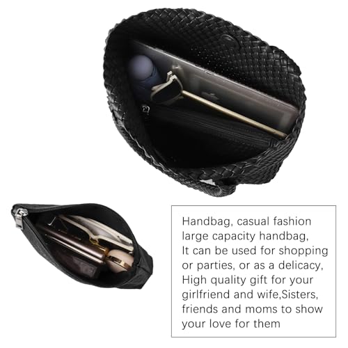 Hand Woven Bag Tote BagS For Women Top Handle Shoulder Vegan Leather Large Travel Beach Hobo Handbag - color: Black