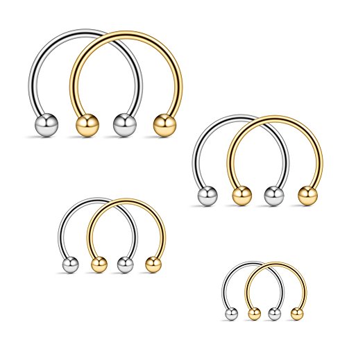Ruifan 16G Surgical Steel CBR Nose Septum Horseshoe Earring Eyebrow Tongue Lip Nipple Helix Tragus Piercing Ring 6-16mm - color: 4PCS Steel+4PCS Gold