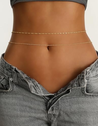 Akeoqi 2Pcs Waist Chain 18K Gold Plated Belly Belt Chains Sexy Layered Summer Beach Bikini Body Chain Satellite Beaded Pearl Coin Beads Wave Belly Jewelry Accessories for Women Adjustable - style: Bead