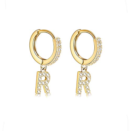 14K Gold Plated Cubic Zirconia Initial Earrings Delicate Small Hoop Earrings Hypoallergenic Letter Earrings for Women - style: R