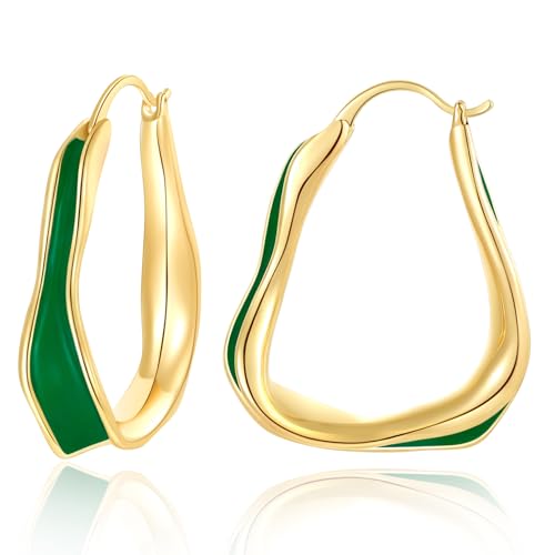 Chunky Hoop Earrings for Women Thick Minimalist Geometric Huggie Hoop Earrings Dainty Thick Y2K Preppy Earrings - style: irregular wave green