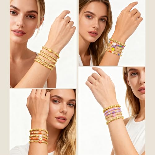 Gold Beaded Bracelets for Women: 14K Gold Bracelets for Women Trendy Dainty Gold Ball Bracelet Stack for Womens - Boho Stretch Bracelets Jewelry Sets with Cross Fashion Accessories Gifts for Women - style: Silver Bead
