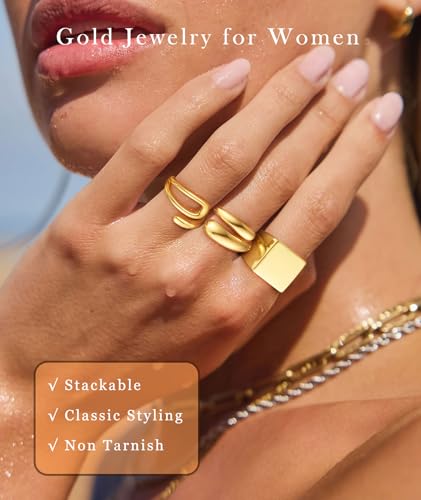 ZOERAY Chunky Gold Rings for Women Non Tarnish Trendy 14k Gold Plated Adjustable Signet Band Stackable Thumb Ring Set Open Twist Dome Statement Stacking Rings Jewelry Gifts for Women Size 5-10 - color: C. Twisted Stackable Rings