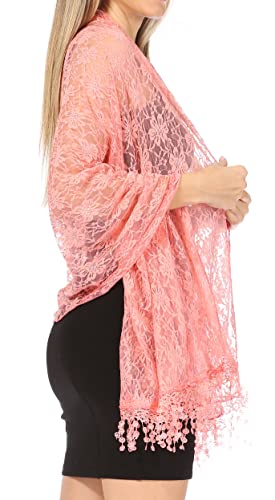 Sakkas Mari Women's Large Lightweight Soft Lace Scarf Wrap Shawl Floral and Fringe - color: Style2-peach