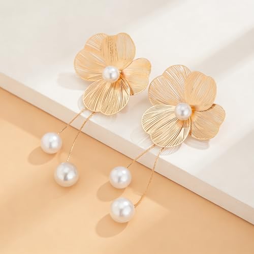 Gold Silver Filigree Floral Dangle Earrings for Women, Long Drop Statement Earrings for Vintage Wedding Jewelry - style: Gold Floral Pearl Dangle Earrings