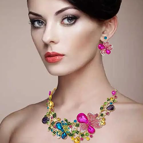SUPERFINDINGS 2Pcs Crystal Flower Necklace Earrings Set Wedding Brides Jewelry Sets Rhinestone Bib Statement Necklace Fashion Flower Dangle Stud Earrings Prom Party Jewelry for Woman