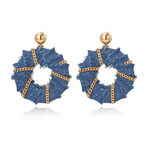 Coiris Bohemian Statement Dangle Earrings for Women Denim Leather Shells Pearl Polygonal Leaf Circle Drop Earrings for Women - style: Denim Chain