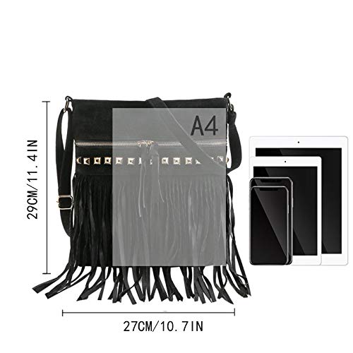 Hoce Women’s Leather Fringe Messenger Bag Large Hobo Crossbody Tassel Shoulder Bags, Gift for Mom Wife Girlfriend - color: E-black