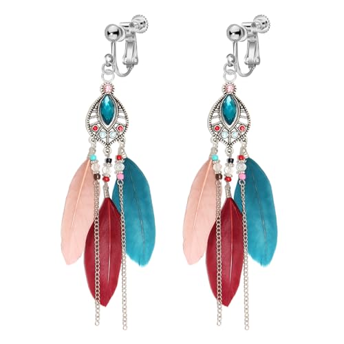 Clip on Tassel Dangle Earrings for Boho Women, Non Pierced, Colorful Feather Handmade Beads Fashion Vintage Fringe Jewelry for Parties Weddings Festivals Trendy Statement Earrings for Bohemian - color: Color A