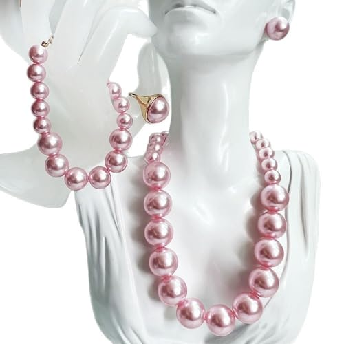 Chunky Beads Jewelry Set Boho Large Simulated Pearl Statement Colorful Beaded Necklace Bracelet Earrings Ring Set Holiday Party Bride Outfit for Women - color: Pink