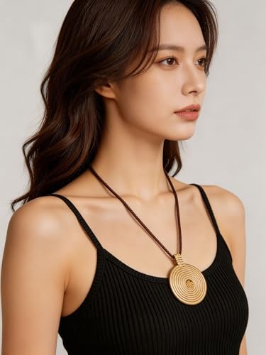 Kelake Leather Necklace for Women Men Teen Vinatge Boho Alloy Pendant Choker Jewelry Fashion Sweater Necklaces with Adjustable Genuine Leather Chain - color: Gold Concentric Circle Pendant Necklace