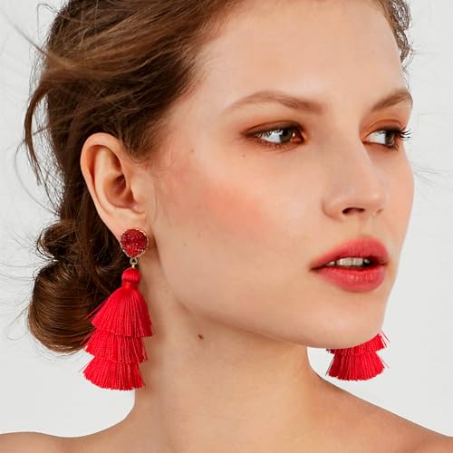 Me&Hz Colorful Layered Tassel Earrings Bohemian Statement Tiered Tassel Big Dangle Drop Earrings for Women Druzy Studs Valentine’s Day Gift - color: 01 Red
