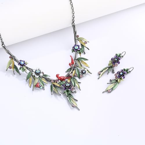Vintage Chunky Statement Jewelry Set Retro Leaf Floral Geometric Bohemian Boho Bib Necklace Earring Set Fashion Costume Jewelry for Women Girls Wedding Party Prom Unique Gift - style: purple flower green leaf red bird JS