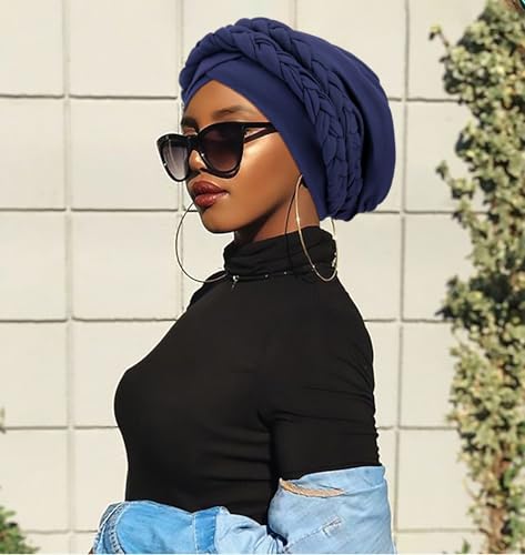 African Women Turban Caps Beanie Pre-Tied Twisted Braids Headwraps for Women Head Scarf Chemo Cancer Headwear Cap - color: 3 Pack Twisted Braid: Burgundy/Navy Blue/Black