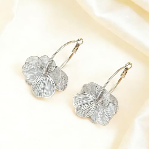 Gold Flower Statement Earrings for Women Boho Trendy Hoop Earrings Floral Dangle Petal Earring Prom Wedding Jewelry Gifts - color: A2:silver