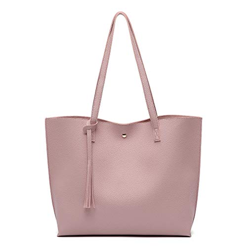Dreubea Women's Soft Faux Leather Tote Shoulder Bag from, Big Capacity Tassel Handbag - color: Baby Pink