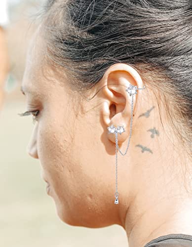 Tornito 6-12Pcs Cuff Earring Chain Leaf Snowflake Star Butterfly with CZ Crawler Climber Earring Studs Drop Dangling Chain Wrap Tassel Earring for Women Men 20G Silver Gold Tone - color: A:Silver Tone